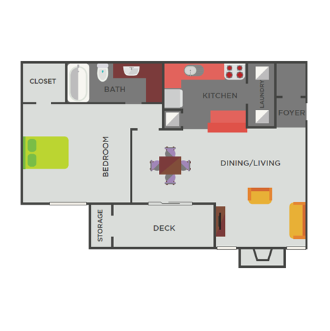 Floor plan for 1 bed, 1 bath, 792 sqft
